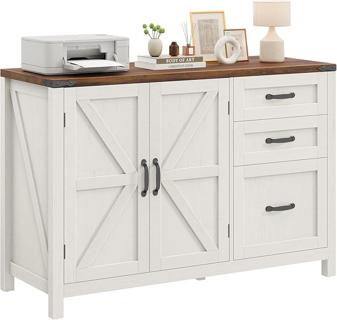 3 Drawer File Cabinet, Farmhouse Lateral Filing Cabinet with Doors for Letter/A4 Size Hanging Files, Large Wood Storage Cabinets Printer Stand with Adjustable Shelf for Home Office, White and Brown