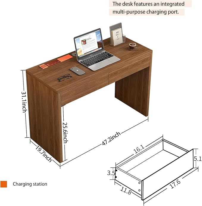 47-Inch Computer Desk with Pull-Out Outlet, Home Office Desks with 2 Sturdy Drawers, Writing/Gaming/Work/Study Desk for Bedroom, Living Room Brown