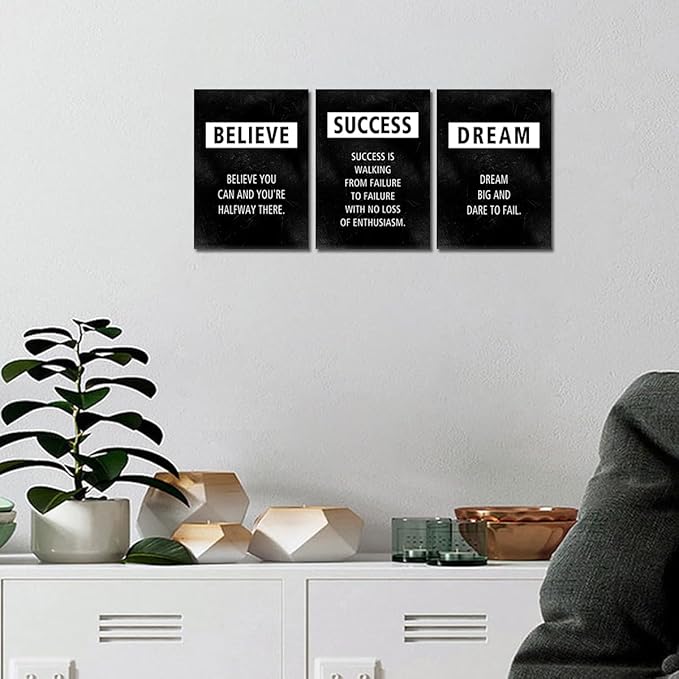 3 Piece Motivational Wall Art - Framed Believe Success Dream Canvas Prints Positive Quotes Poster Inspirational Wall Decor Office Picture Black Inspiring Artwork Modern Painting for Home, 12x16 in