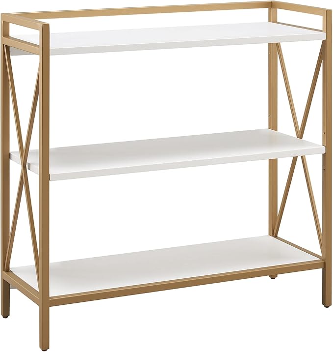 Leick Home Claudette Bookshelf, White Wood, Satin Gold, 3 Shelves, Easy Assembly, 12 in D x 32 in W x 32.25 in H, Item 9261-WTGL
