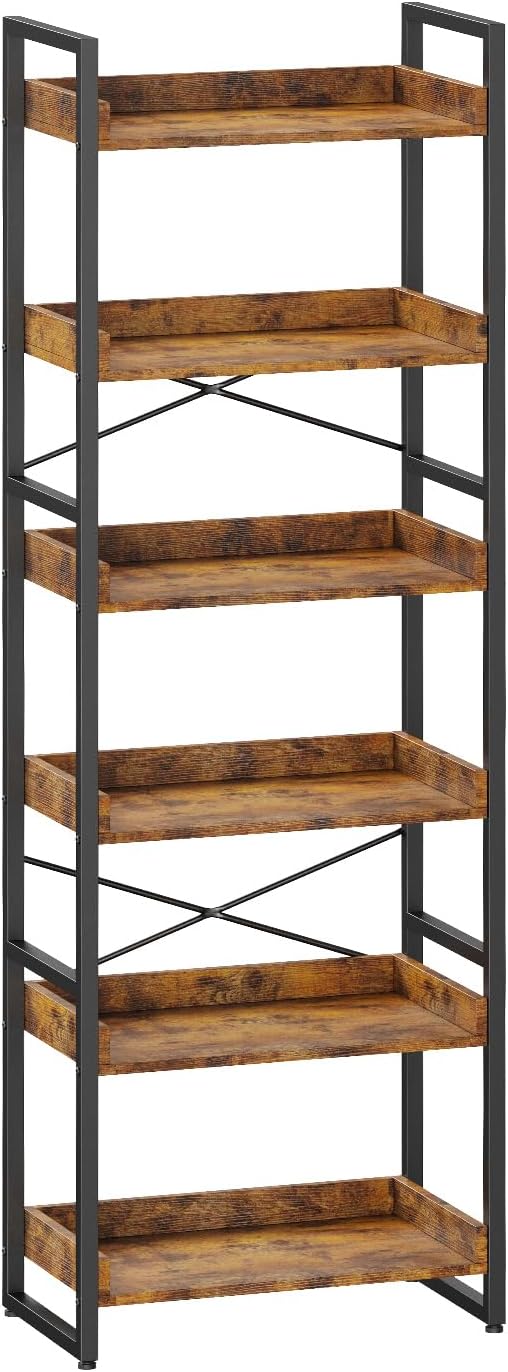 Luckyeestar 6-Tier Bookshelf, Industrial Bookcase, Office Shelf Storage Organizer, Free Standing Storage Shelving, Vintage Storage Rack, Metal Frame Display Rack for Living Room