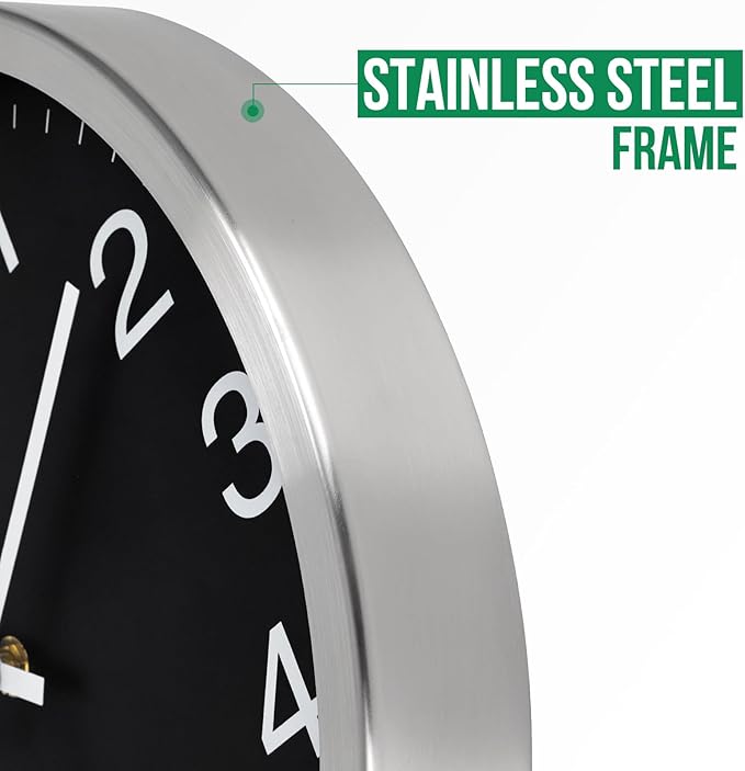 Wall Clock 12 Inch Metal Finish Silent Non Ticking Indoor Clock Round Battery Operated Stainless Steel Wall Clocks for Home, Office, Living Room (Black-Silver Brushed Finish, 12 Inch)