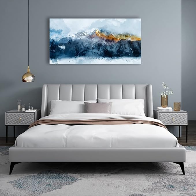 arteWOODS Mountain Canvas Wall Art Indigo Abstract Mountain Painting Prints Blue Clouds Orange Mountain Peaks Pictures Artwork for Living Room Bedroom Gallery Wall Decor Ready to Hang 24" X 48"