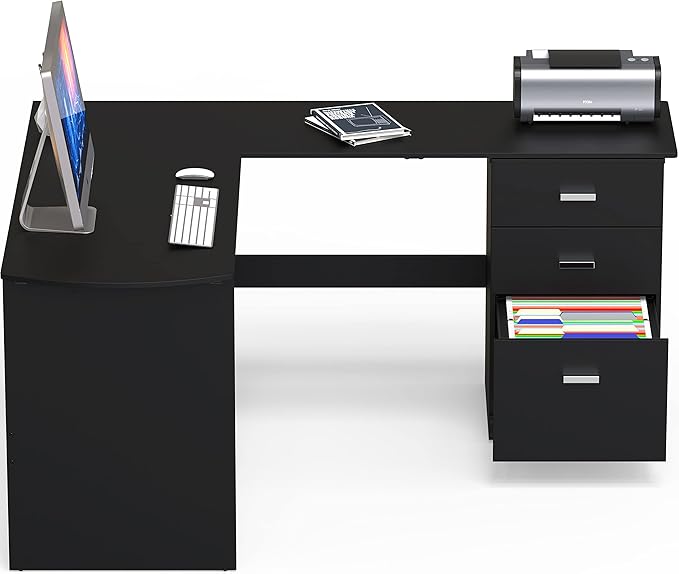 SHW 51 x 59 Inches L-Shaped Home Office Wood Corner Desk with Box Box File Drawers, Black