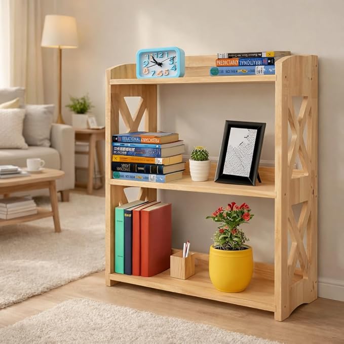 Wooden 3 Tier Bookshelf, Small Wood Bookcase Storage Shelf, Open Shelf Organizer for Bedroom, Living Room and Office (Natural, 3 Tier)