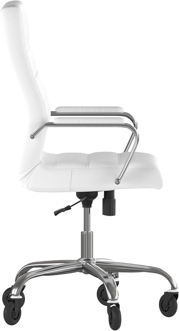 Flash Furniture Whitney High Back White LeatherSoft Executive Swivel Office Chair with Chrome Frame, Arms, and Transparent Roller Wheels