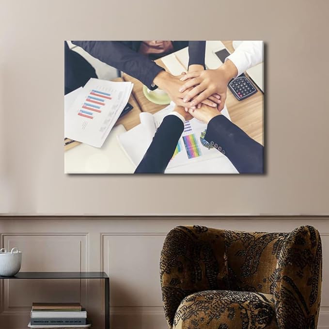 Large Wall Art Hands Stack of Teamwork Holding Hands Together Over Conference Table Canvas Art Wall Decor for Office Framed 1 Panel (24" Wx36 H)