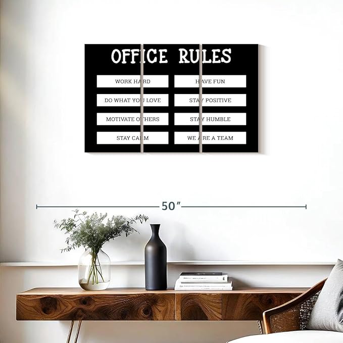 Elephant Stock - Office Rules Wall Art - Horizontal Multi Panel Canvas - 3 Piece Home Office Wall Decor - Digital Art Motivational Typography Multi Piece Wall Art - Black And White Decor by Cad Designs - 33" x 20"