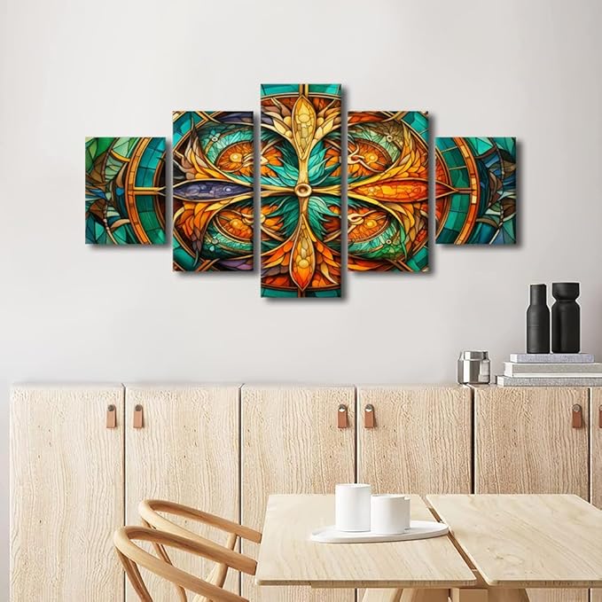 Canvas Wall Art for Men 5 Panel Abstract Art Decor Orange Blue Green Wall Art Whirling Kaleidoscope Dragons Picture Prints for Cool Girl Bedroom Decor Stretched and Framed Ready to Hang 60x32 in