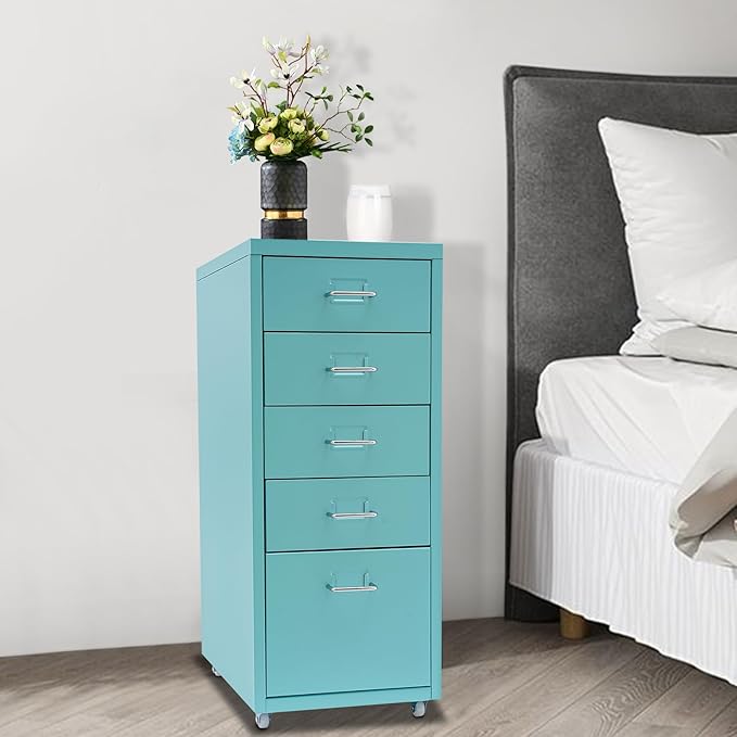 Metal File Storage Cabinet, 5 Drawer Vertical Filing Cabinets with Wheels Under Desk Storage Drawers, 11 * 16.1 * 27.1in Mobile File Cabinets Under Desk Cabinet for Bedroom, Office (Blue)