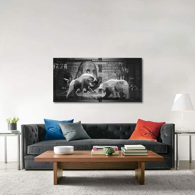 Wall Street Charging Bull Bear Canvas Paintings 100 Dollar Bill Money Poster Wall Art Picture Office Wooden Framed Easy and Ready to Hang-48 inch x 24 inch