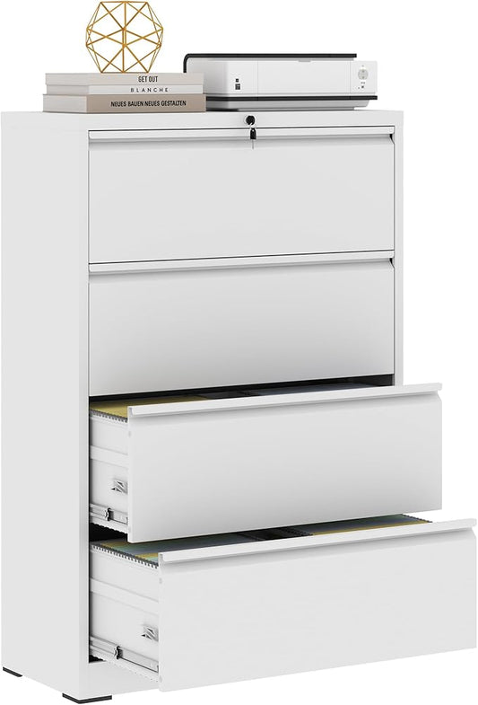 Metal Lateral File Cabinets with Lock,4 Drawer Filing Cabinets for Home Office,Storage Cabinets for Hanging Files Letter/Legal/F4/A4 (White)