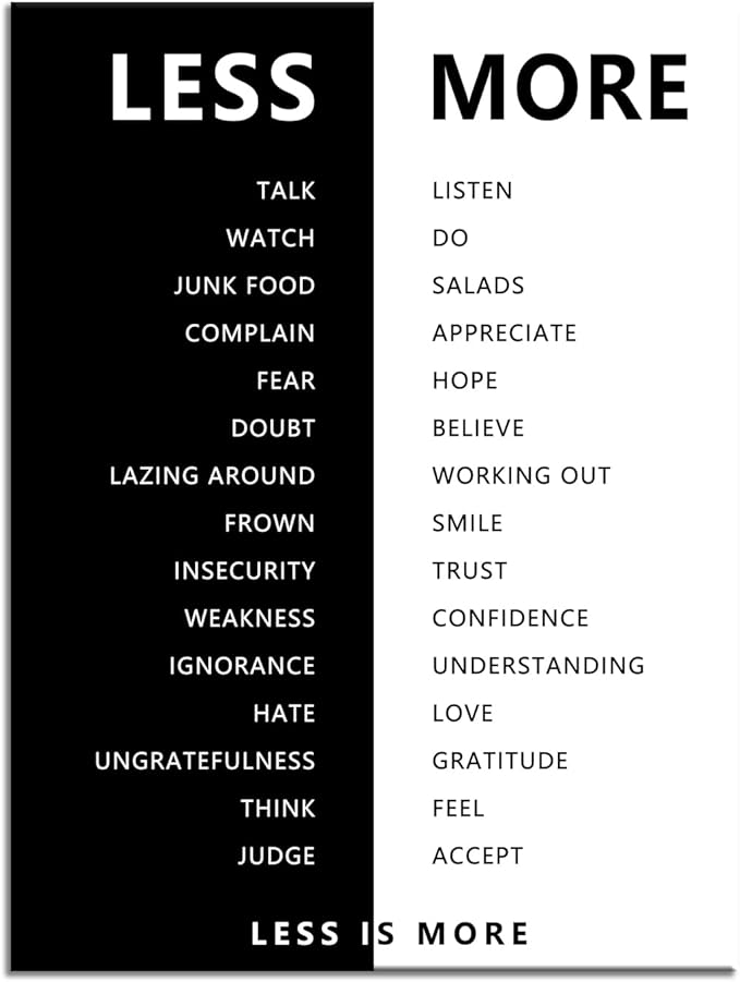 WYJZDZQ8 Inspirational Less is More Poster Motivational Print Wall Art for Office Black and White Inspiring Picture Painting Modern Artwork for Home Bedroom Living Room Decor Frame[30''W X 40''H]