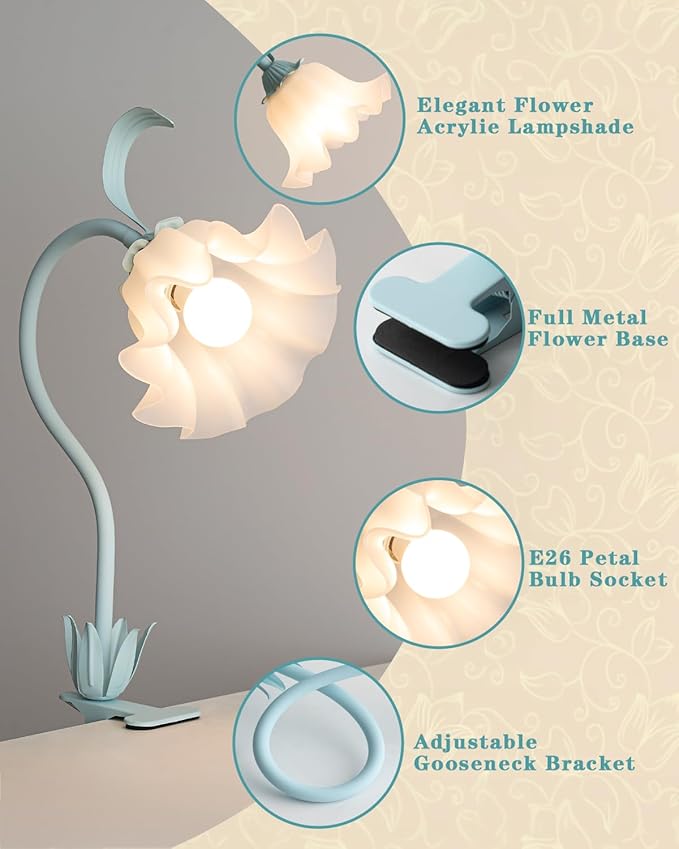 Flower Lamp Clip on Light, 3 Color Modes Eye-Caring Desk Lamp with Clamp, Dorm Room Essentials, Flexible Neck Reading Clamp Lamps for College Bedside Bookshelf Studying Room (Powder Blue)