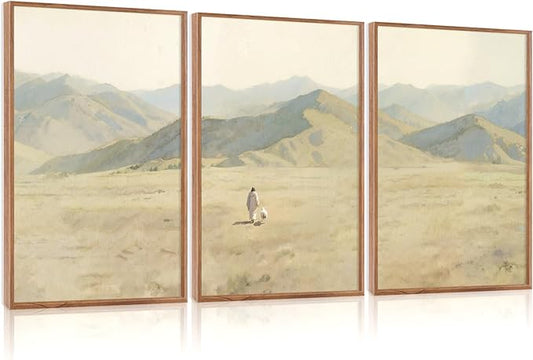 CHDITB Jesus Leaves The 99 Parable of The Lost Sheep Framed Canvas Wall Art(16"x24"), 3 Panels Boho Mountain Nature Landscape Artwork Prints, Large Religious Christian Bible Story Faith LDS Gift Decor for Home Office Bedroom