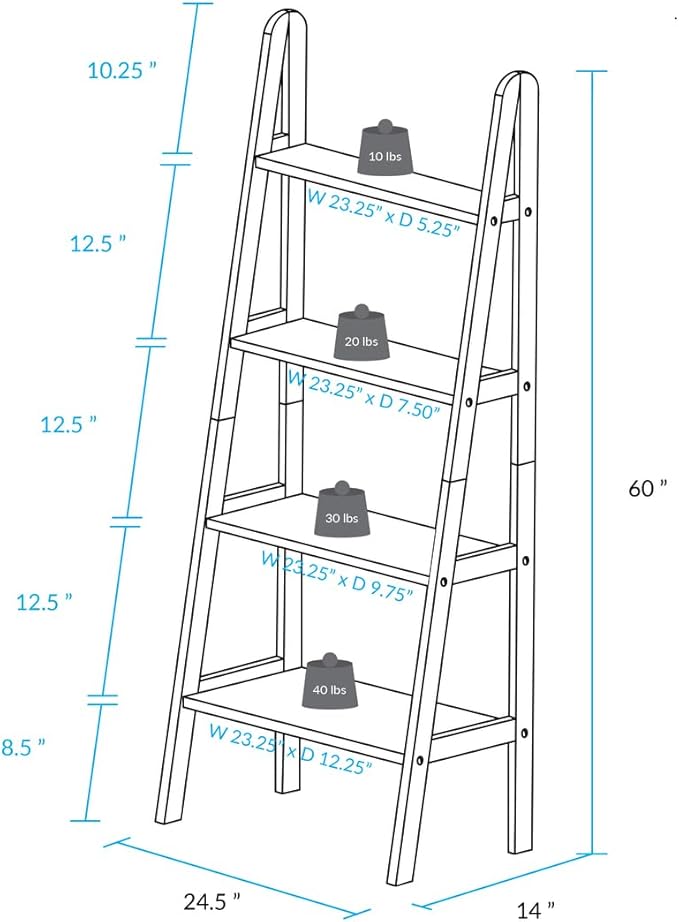 Casual Home 100% Solid Wood 4-Shelf Ladder Bookcase, Standard, 60" H, White