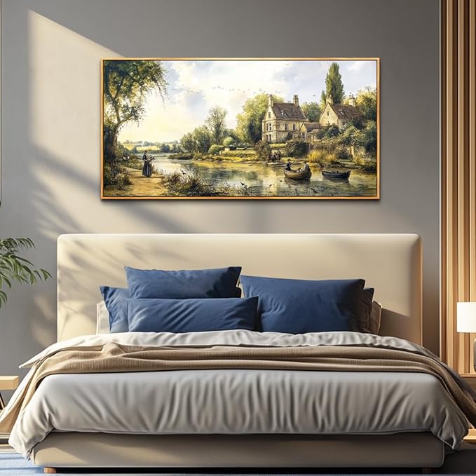 ERQINHUA Wall Art For Living Room Large Canvas Wall Decor For Bedroom Vintage Watercolour Painting Office Decoration Countryside Scenery Home Decor Wall Picture Ready To Hang 24x48 In Wood Framed