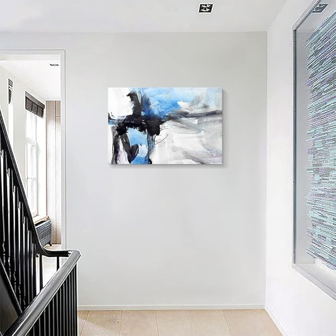 Large Abstract Canvas Wall Art Modern Aquarelle Art Paintings Black and Blue Fantasy Colorful Graffiti on White Background Minimalist Artwork Decor for Living Room Bedroom Corridor Framed 30x20in