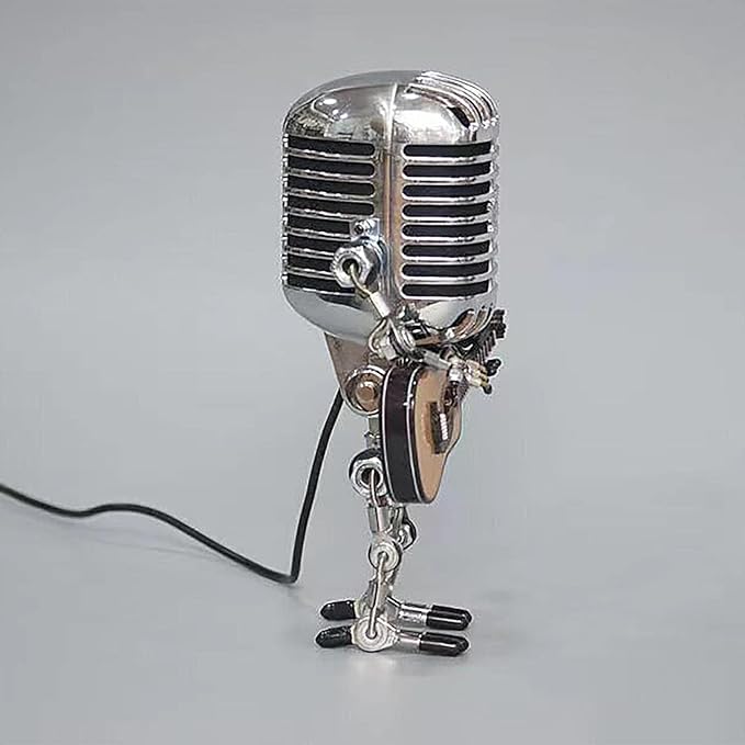 Vintage Microphone Guitar Lamp, Cool Guitar Gifts for Music Lovers and Player, USB Plug in Powered, Retro Decorations for Home, Bar, Office