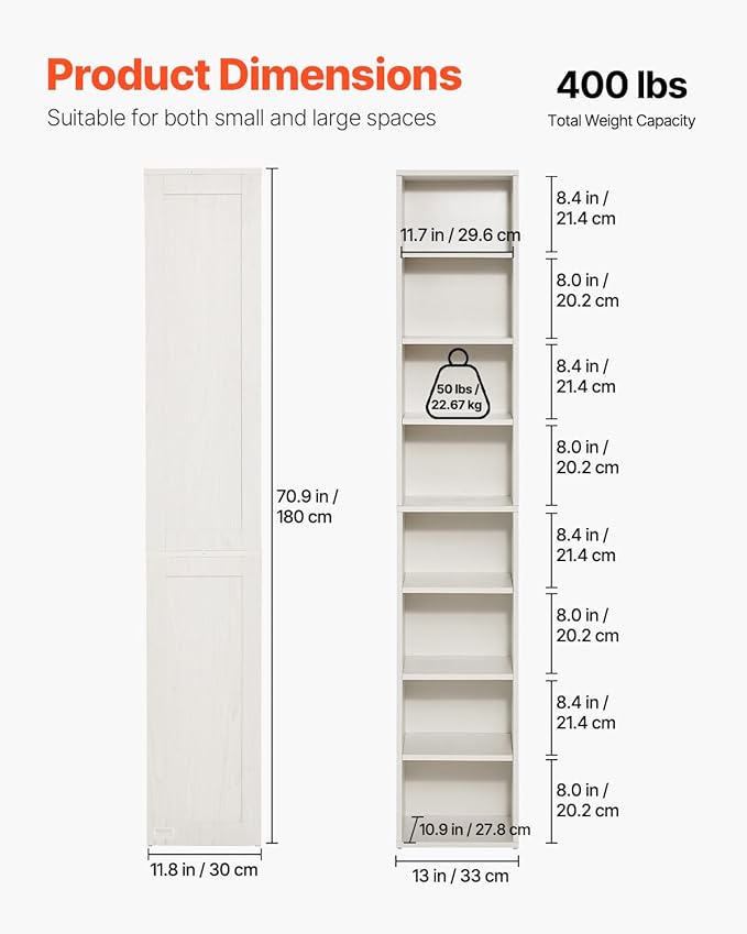 VEVOR 8 Tiers Narrow Bookshelf, 71 in Wooden Tall Open Bookcase with Height-Adjustable Shelf, Freestanding Display Storage Floor Bookcase Bookshelf for Library, Bedroom, Living Room, Office, White
