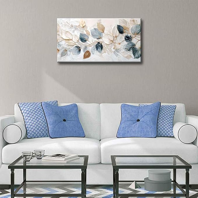 Large Living Eucalyptus Leaf Canvas Wall Art Teal White Botanical Abstract Decor painting Pictures Modern Nordic Plant Flowers Posters Prints for Bathroom Bedroom Office Hallway Home Decoration