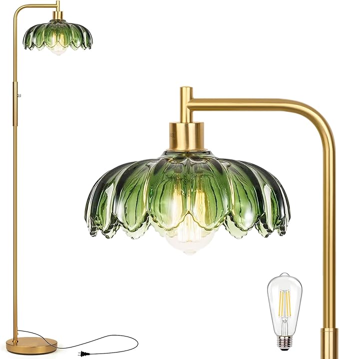 Glass Floor Lamp for Living Room, Dimmer Standing Lamp with Green Lampshade,66” Tall Lamp & Gold Floor Lamp for Bedroom Study Room,Brushed Gold LED Bulb Included (Flower Green Glass Shade)