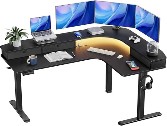 HUANUO 65″ L-Shaped Standing Desk with Power Outlets & LED Strip, Electric Height Adjustable Corner Computer Desk, Sit Stand Up Desk with 3 Drawers, Black