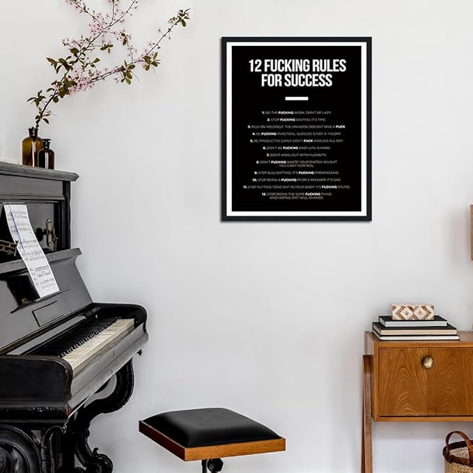12 Fucking Rules for Success Framed Canvas Print Wall Art, Black White Motivational Poster, Success Wall Pictures for Home Office Dorm Decor, Ready to Hang, 12.5x16.5 Inches