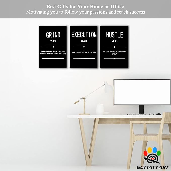 Office Wall Art - 3 Panel Motivational Wall Art, Inspirational Quotes Canvas Art for Home Office Wall Decor, Positive Quotes Wall Decor, Entrepreneur Grind Hustle Execution Poster Frame (12”x24”x3Pcs)