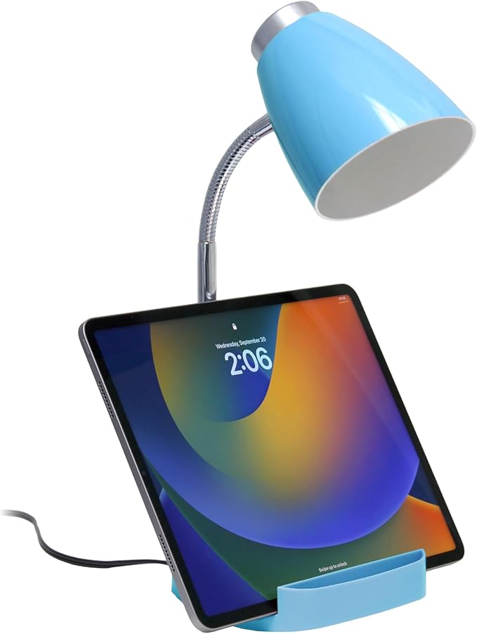 Simple Designs LD1067-BLU Compartmental Desk Lamp with iPhone/iPad/Tablet Stand, Bendable Gooseneck, for Office, Living Room, Nightstand, Library, Entryway, Blue