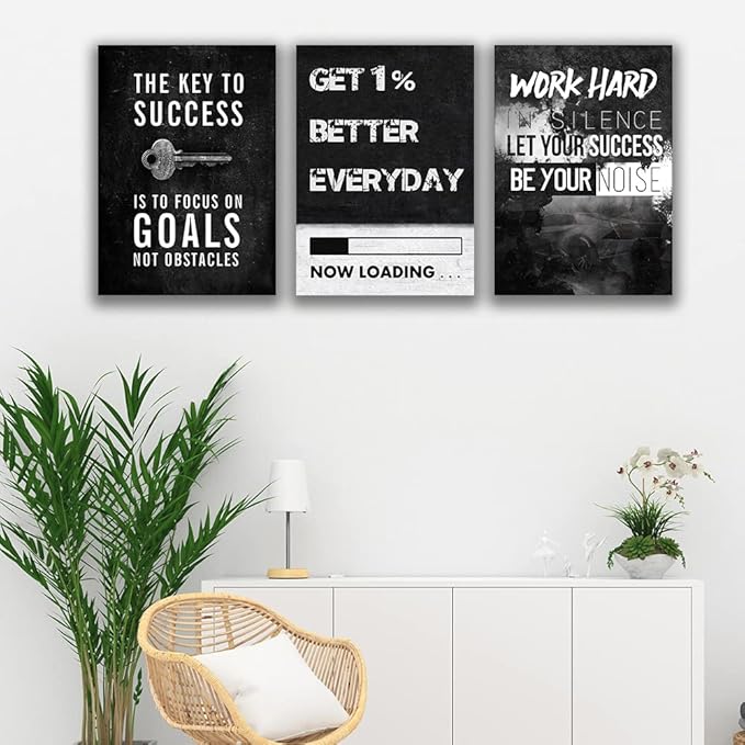 Inspirational Wall Art Canvas Hustle Poster Success Goal Artwork Entrepreneur Quote Painting Motivational Office Wall Decor Art for Bedroom Living Room Home Decoration Framed 20inch x28inch x3pieces