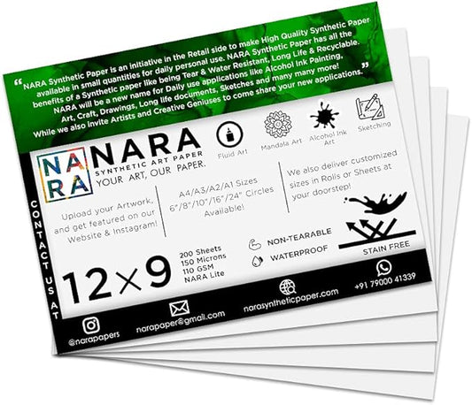 NARA Alcohol Ink Paper | White | 12 inches x 9 inches (12”x9”) | 150 microns/110 GSM | 200 Sheets| Lite Paper | Paper for Alcohol Ink Art Painting | 100% Stain-Free