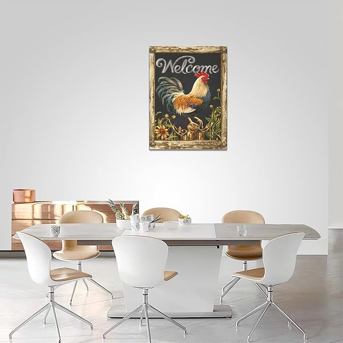 yerretin Farmhouse Rooster Wall Art Rustic Farm Chicken Pictures Wall Decor Country Canvas Painting Modern Artwork Home for Kitchen Bathroom Living Room Bedroom Office Framed 12"x16"