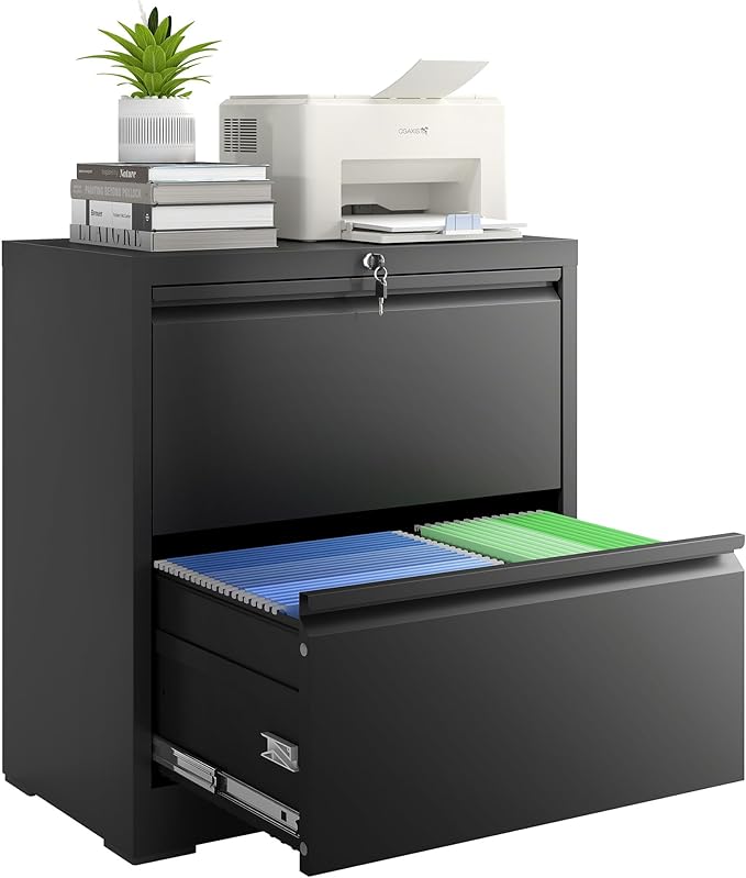 2 Drawer File Cabinet with Lock, Lateral Filing Cabinets,Metal Storage Filing Cabinets for Home Office, Heavy Duty File Cabinet for Letter/Legal/A4/F4 Size Assemble Required, Black