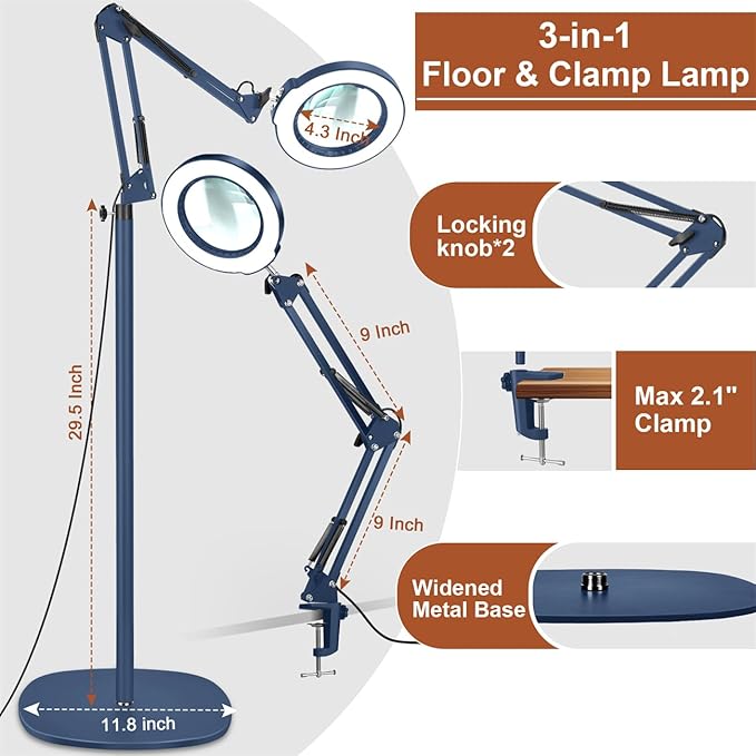 LANCOSC 10X Magnifying Glass with Light and Stand, 3-in-1 Adjustable Swing Floor Lamp, 5 Color Modes Stepless Dimmable, LED Lighted Hands Free Magnifier & Clamp for Reading, Crafts, Painting - Blue