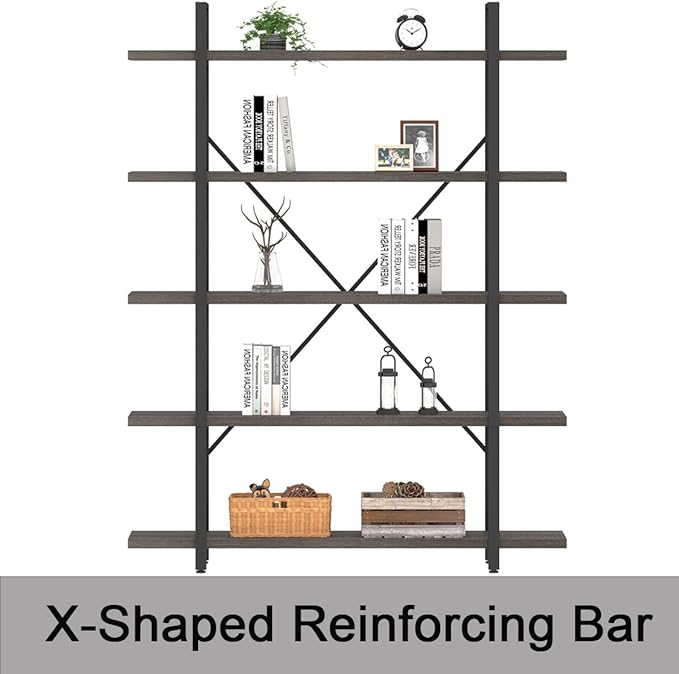 HSH 5 Shelf Bookcases and Book Shelves,Industrial Modern 5 Tier Tall Bookshelf, Rustic Wood and Metal Large Book Shelf for Bedroom Living Room,Vintage Open Wide Vertical Etagere Book Case, Dark Gray