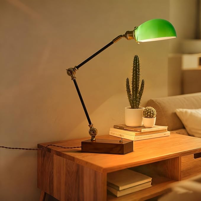 Bankers Lamp, Traditional Green Desk Lamp with Solid Ash Wood Base, Green Glass Antique Library Lamp with Power Cord Switch, Plug in Vintage Bankers Desk Lamp for Office, Study Room 【E26 Socket】