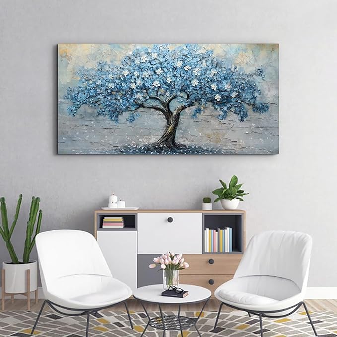 Wapluam Living Room Vintage Wall Art Large Canvas Wall Decor Art For Bedroom Office Decorations Blue Tree Wall Paintings Abstract Wall Pictures Artwork Ready To Hang Modern Farmhouse Home Wall Decor
