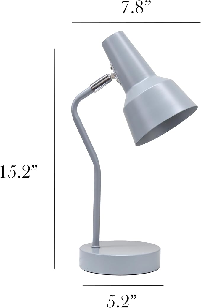 Simple Designs LD1078-GRY 15.2" Sleek Essentials Metal Cone Shade Desk Lamp with Adjustable Shade, for Office, Desk, Nightstand, Dorm, Gray