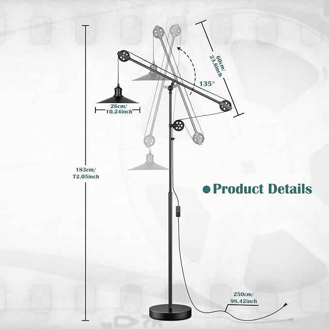 Adjustable Industrial Floor Lamps for Living Room - Rustic Reading Lamp with Pulley System, Modern Farmhouse Indoor Pole Task Lamp, Vintage Tall Standing Lamps for Bedroom Office, Blackened Bronze