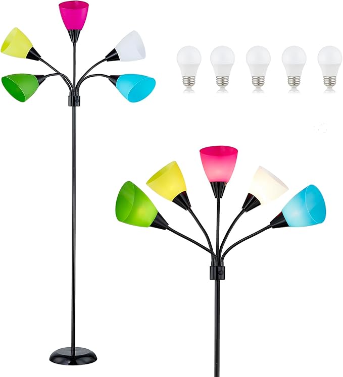 Medusa Modern Decor Floor Lamp, 5 Head Adjustable Gooseneck Lamps for Reading, Colorful Multiple Tall Standing Lamps for Living Room Bedroom Office Kids Classroom, Black, Bulbs Included