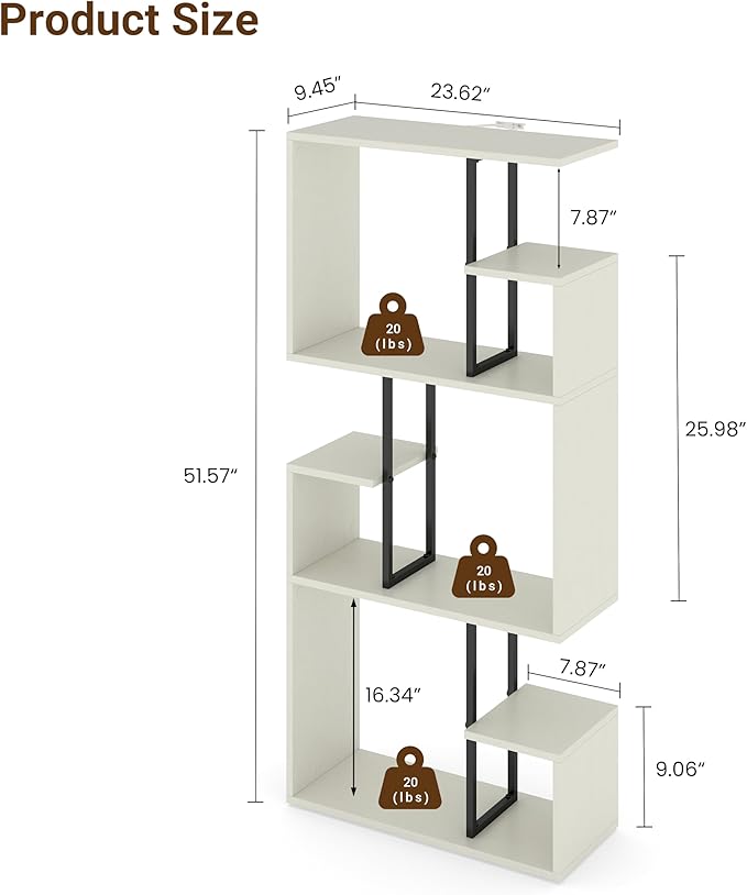 Manora 3 Tier Geometric Bookcase, S Shaped Bookshelf, Modern White Bookcase with Tall Display Shelves, Decorative Storage Shelf for Living Room and Bedroom