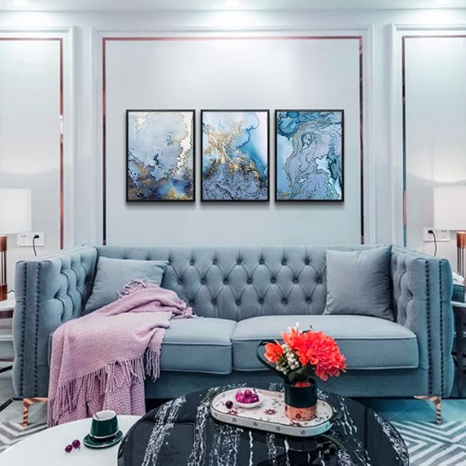 hyidecorart Black Framed Wall Art For Living Room Wall Decorations For Bedroom Wall Pictures Office Wall Decor blue Abstract Watercolor Wall Painting Prints Artwork Modern Home Decor 12X16 3 Piece