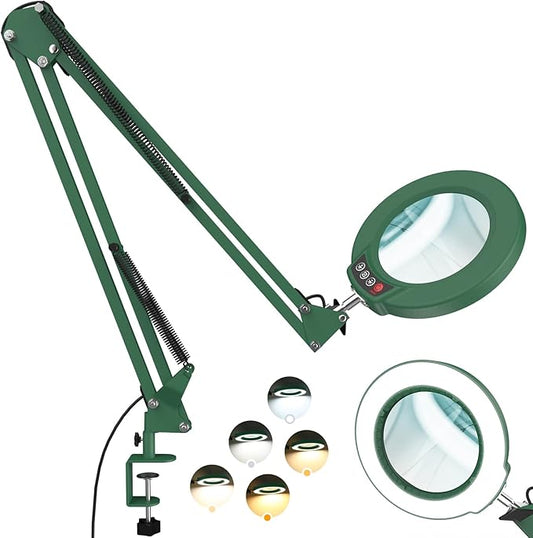 12X Large Magnifying Glass with Light and Clamp, Real Glass, 5 Color Modes, Stepless Dimmable, 2 x 16 Inch Adjustable Swing Arm Stand Desk Lamp, LED Lighted Magnifier Hands Free for Close Work - Green