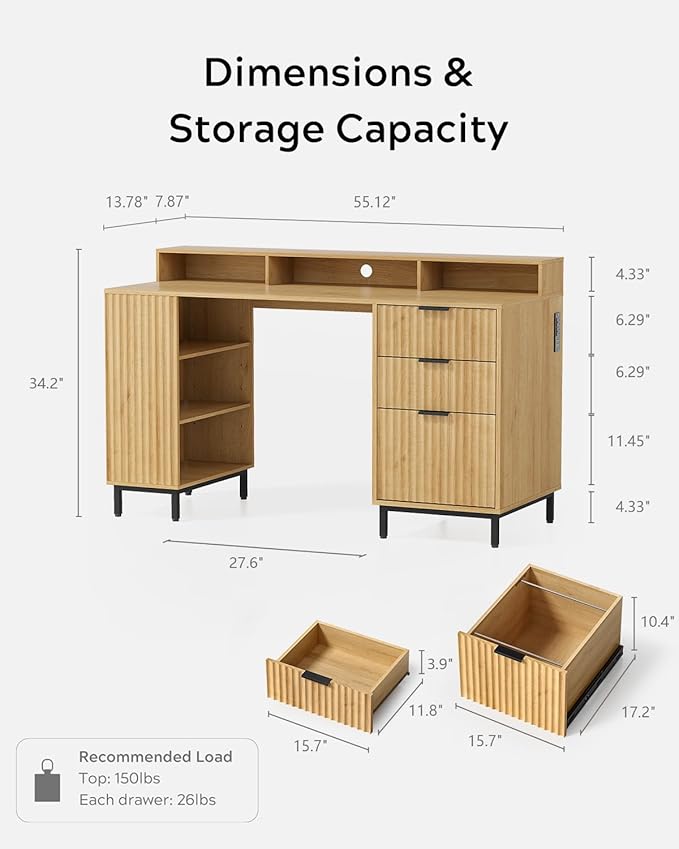 Fluted Executive Desk with Charging Station, 55" Modern Wood Office Desk with Monitor Stand & File Drawer, Home Writing Study Computer Table for Work Study, Natural Oak