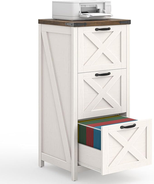 3 Drawer Tall File Cabinet, Farmhouse Vertical Filing Cabinet Fits Letter/A4 Size, Wood File Cabinets Printer Stand for Home Office, Living Room, Rustic White