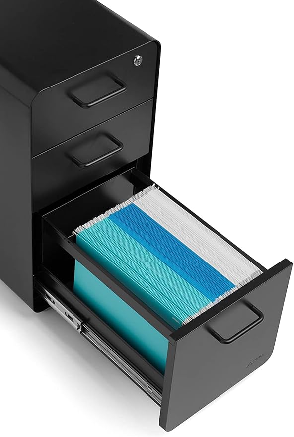 Poppin Slim Stow 3-Drawer File Cabinet - Black. 2 Utility Drawers and 1 Vertical Hanging File Drawer. Fully Painted Inside and Out. Powder-Coated Steel. Two Keys Included