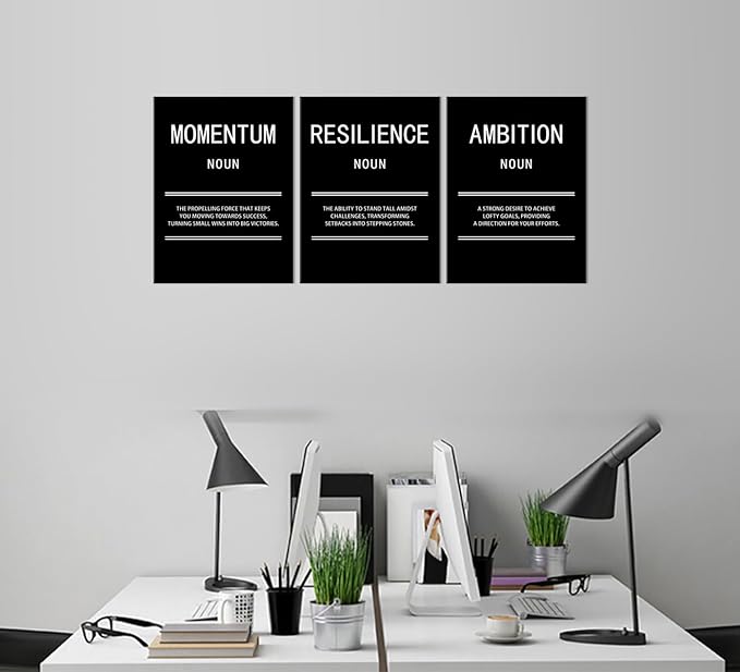 WYJZDZQ8 3 Panel Inspirational Canvas Print Wall Art Ambition Momentum Resilience Motivational Poster Painting Modern Inspiring Artwork for Home Office Living Room Decor Ready to Hang [36''Wx 16''H]