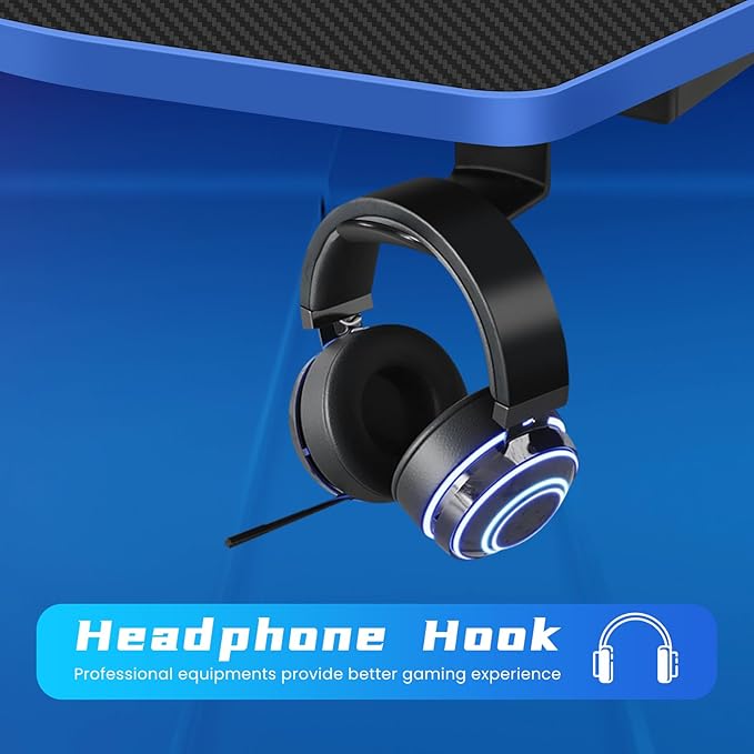Gaming Desk 35 Inch Z-Shaped Computer Desk Modern Ergonomic PC Computer Table Home Office Desk Racing Style Gaming Workstation with Headphone Hook, Blue