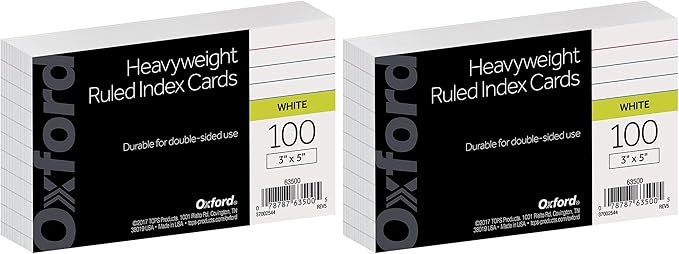 Oxford Index Cards, 3" x 5", White, 100 Per Pack | Heavyweight | Ruled | Pack of 2